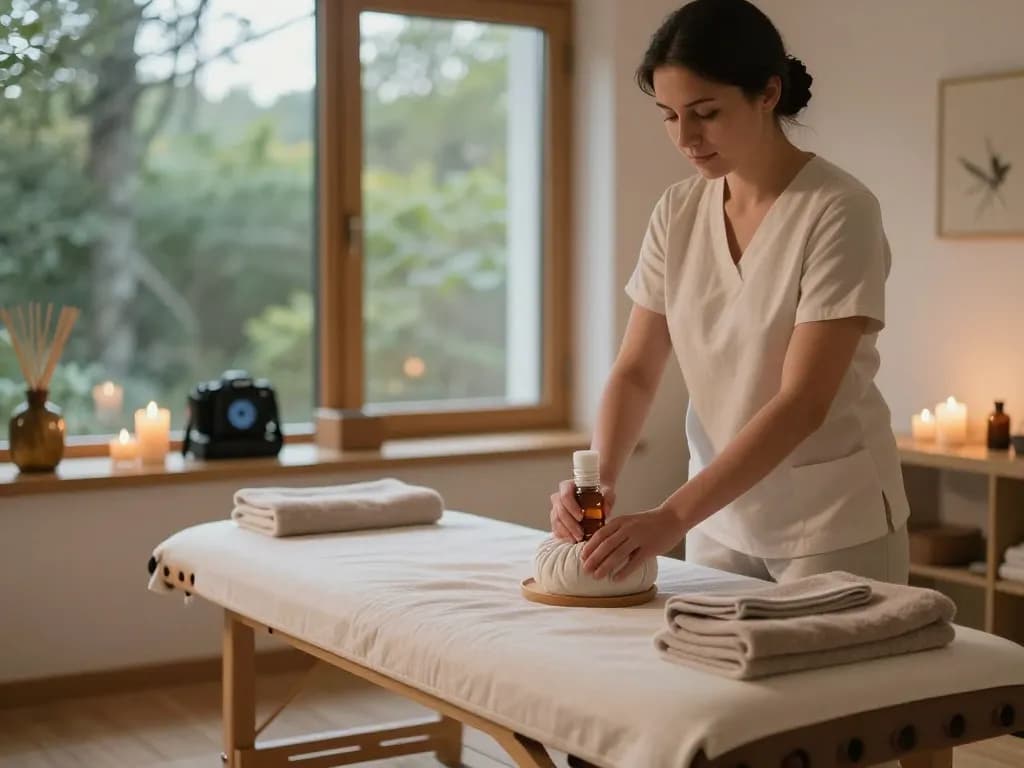 Swedish massage room setup featuring therapeutic oils and calming ambiance.