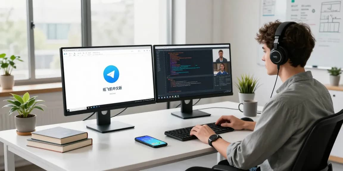 Young professional working on the 纸飞机中文版 app in a modern tech workspace.