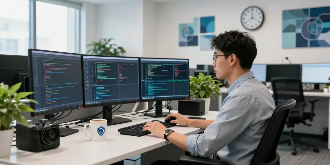 Monitoring security protocols at https://shs-dome5.com/ with IT professional in modern office.