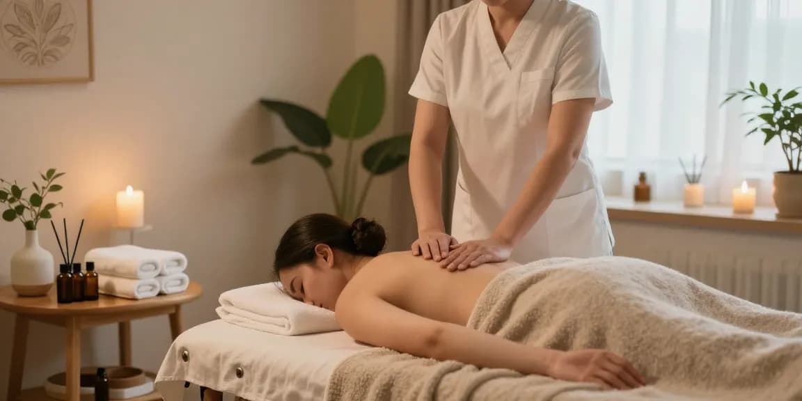 Swedish massage setup with therapist, calming oils, and serene atmosphere.