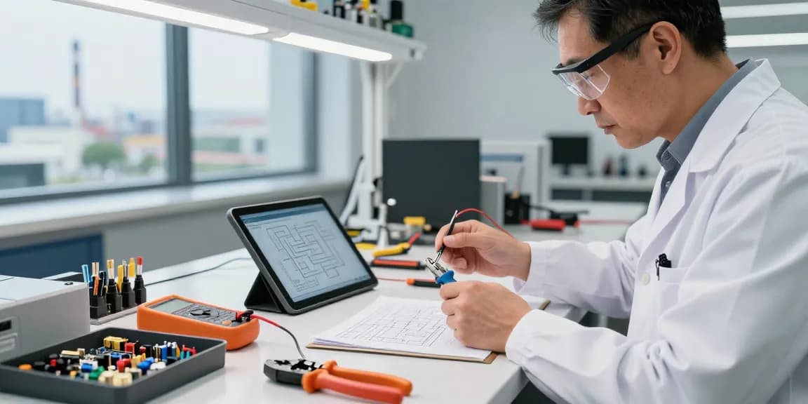 Engineer assembling wire crimp connectors at a modern workspace with tools and circuit designs.