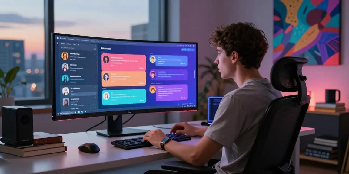Engaging AI nsfw conversation on a futuristic chat platform with customizable characters and modern tech setup.