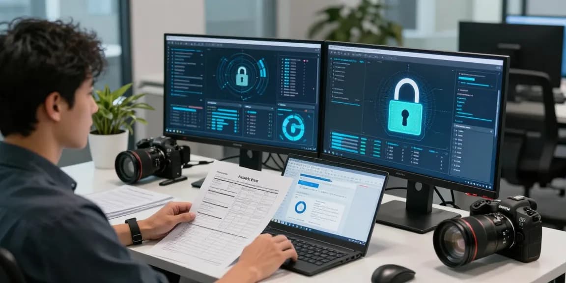 In-depth security analysis at https://shs-dome5.com/ showcasing a modern tech workspace with multiple monitors and security check documents.