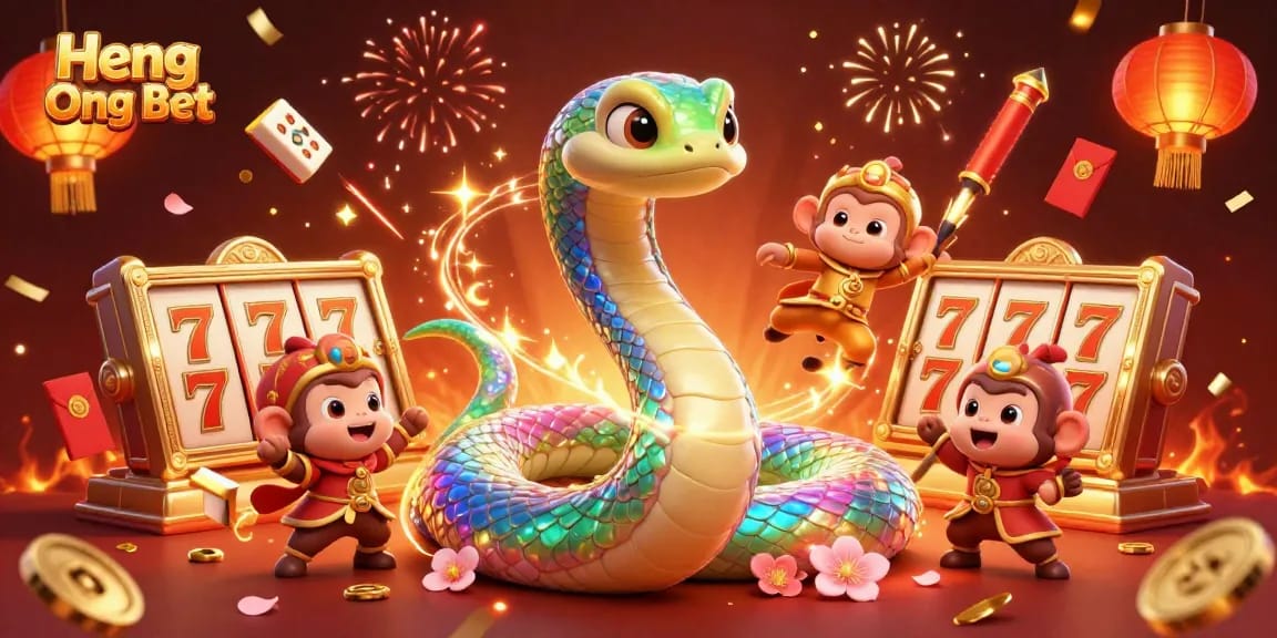 Experience the thrill of Heng Ong Bet with a vibrant 3D illustration featuring slot games and festive elements.