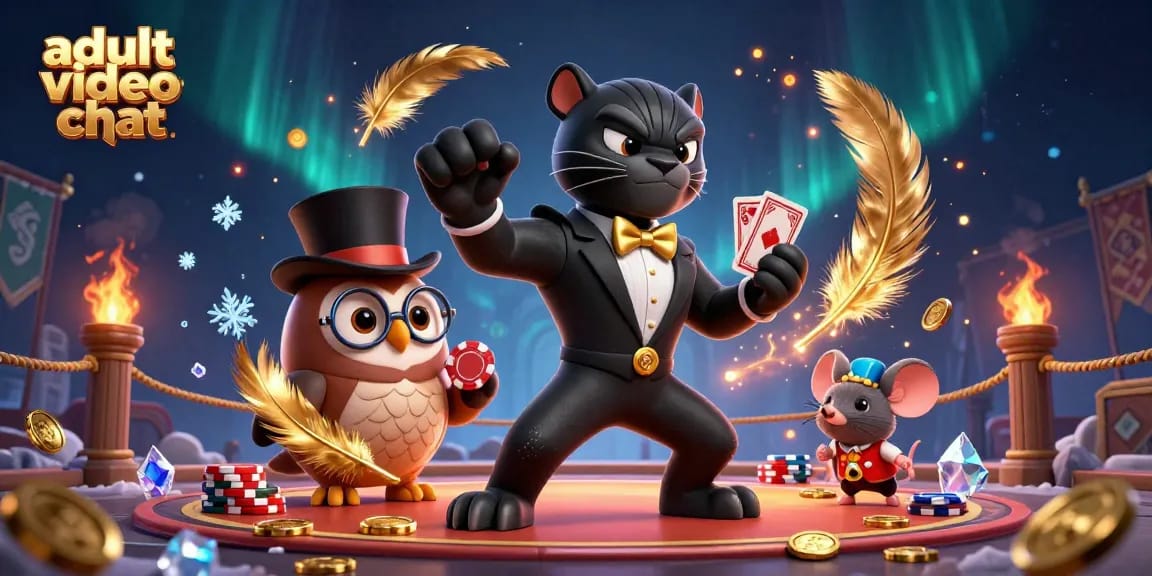 Engage in exciting adult video chat with dynamic casino elements and colorful characters.