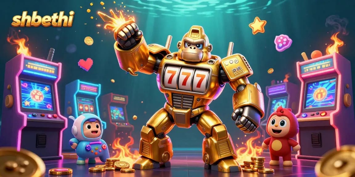 Engage with shbethi’s dynamic gaming experience through 3D illustration showcasing a golden gorilla mech.