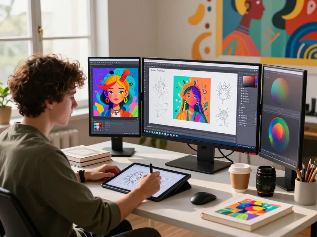 Artist creating engaging digital art with Nano Banana 2 AI image editor in a vibrant workspace.