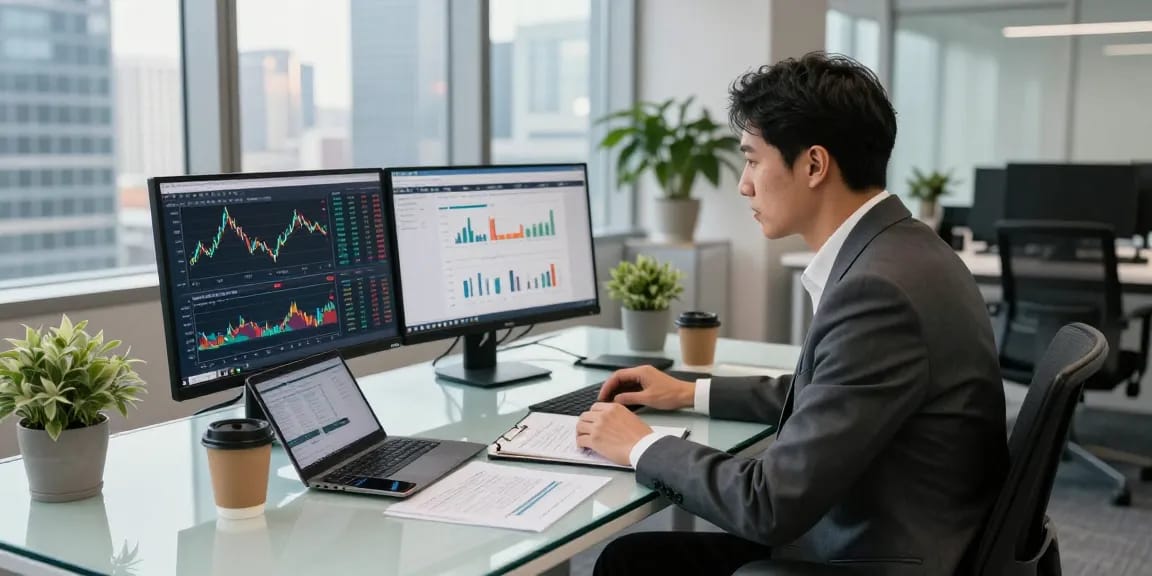 Dynamic asset tracing analysis in a modern office setting with financial data displays and analytical tools.