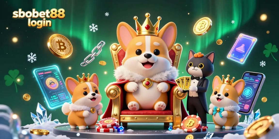 Experience thrilling sbobet88 login action with royal corgi and golden card deck in a vibrant casino scene
