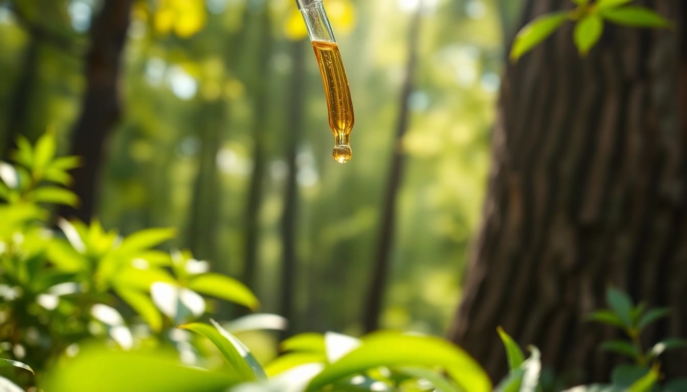 Extracting CBD oil dropper against a serene natural background highlighting purity.