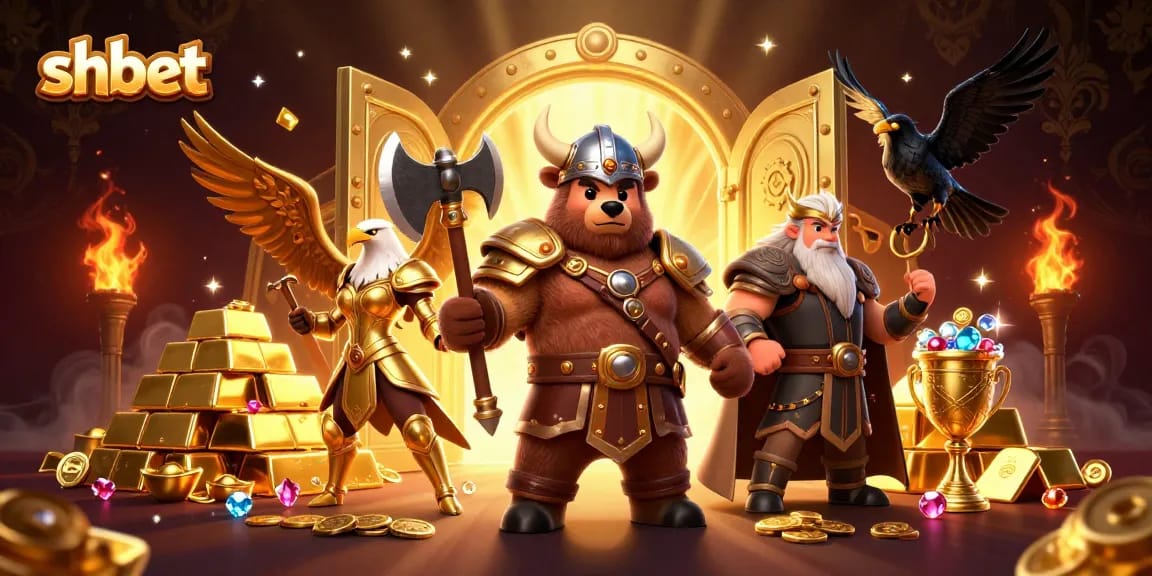 Experience thrilling shbet gameplay with Viking berserker and Valkyrie in a rich 3D casino scene.