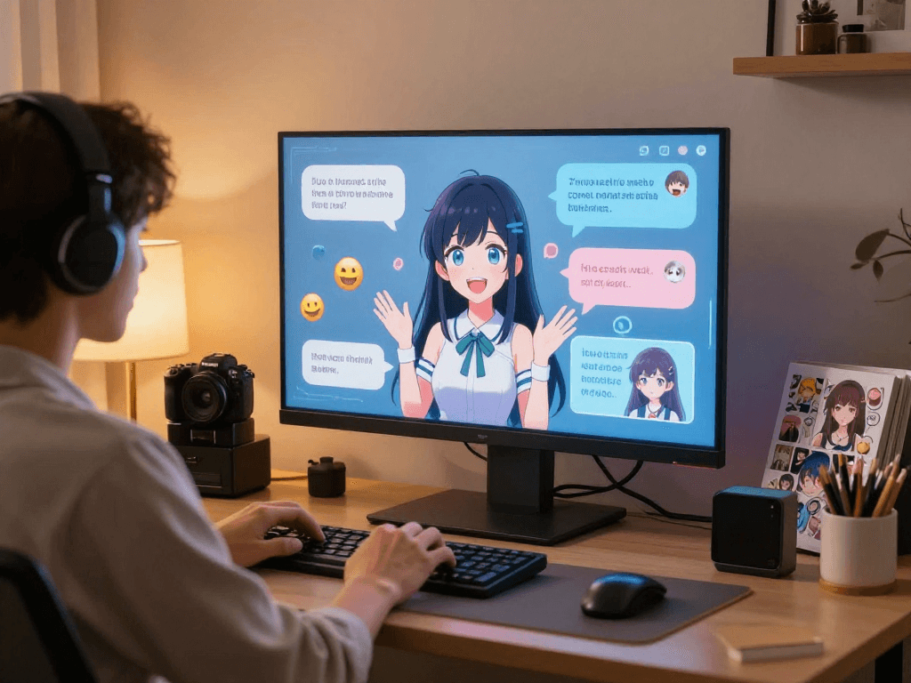 Interactive hentai ai chat with user and holographic AI character in a cozy home office.