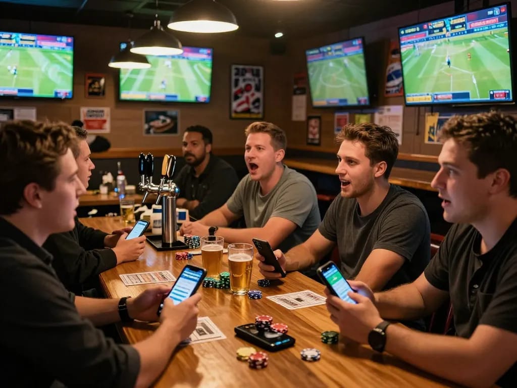 Excited spectators engaging in kèo nhà cái betting action at a lively sports bar, showcasing live game broadcasts.