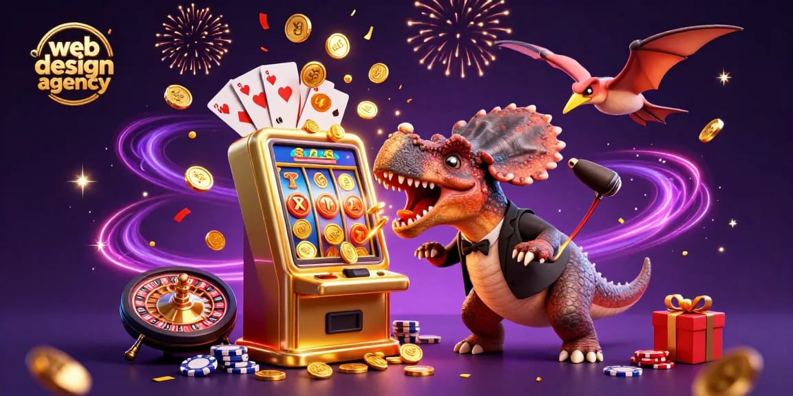 Dynamic scene showcasing a 3D cartoon pachycephalosaurus at a slot machine in a web design agency context.