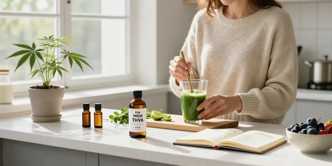 Natural wellness scene showcasing Pin High THCa CBD oil beside fresh smoothie ingredients, promoting holistic health.