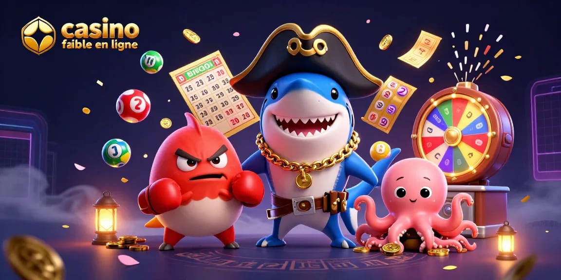 Visualisez casino fiable en ligne avec un requin pirate et un poulpe, entourés de jeux de points.