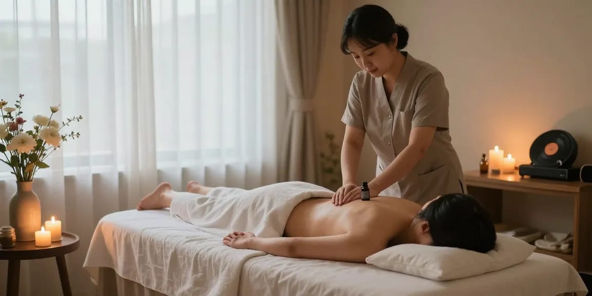 A soothing 창원마사지 session in a tranquil spa with natural lighting and calming decor, promoting relaxation and wellness.