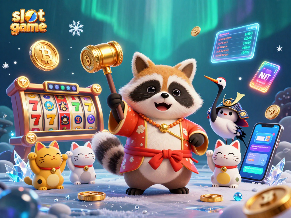 Play the exciting slot game with cheerful tanuki and vibrant characters celebrating joyfully.