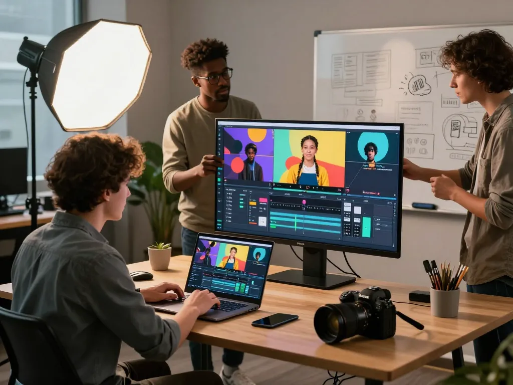 Seedance 2.0 empowers a video production team in a modern workspace, showcasing creativity and collaboration.