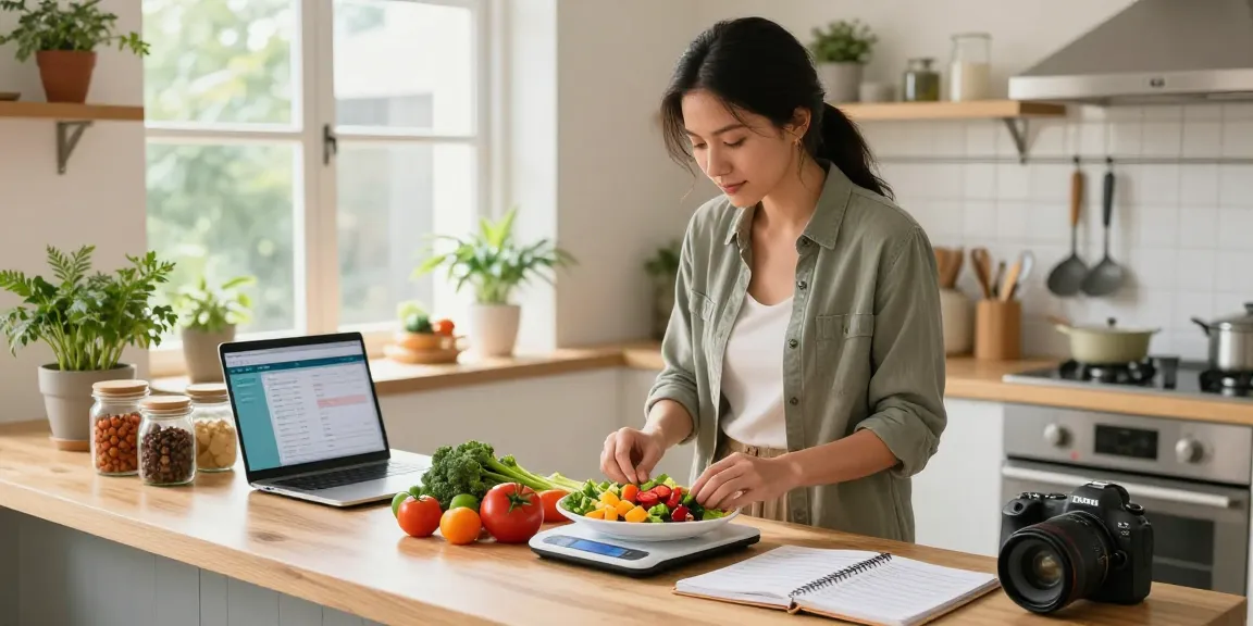 Nutritionist using the best nutrition tracking app to prepare healthy meals in a vibrant kitchen.