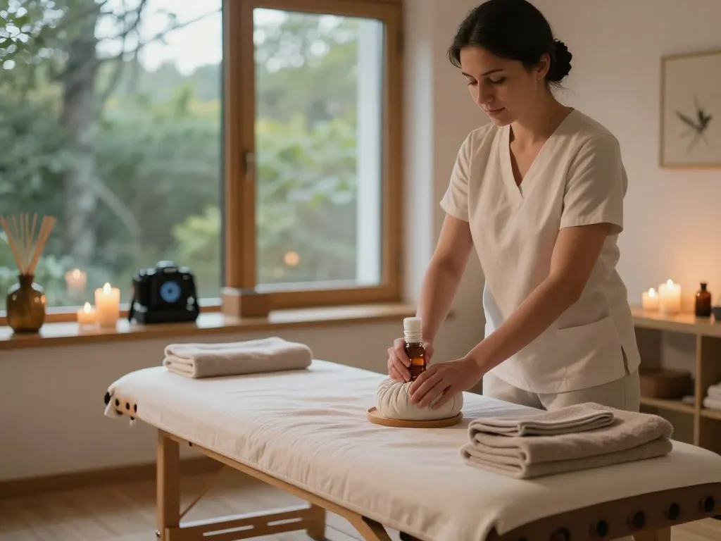 Swedish massage room setup featuring therapeutic oils and calming ambiance.