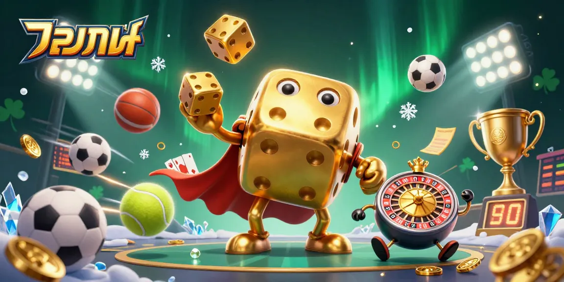 Bet on แทงบอล with dynamic 3D character action, juggling dice and sports balls in a vibrant casino scene.