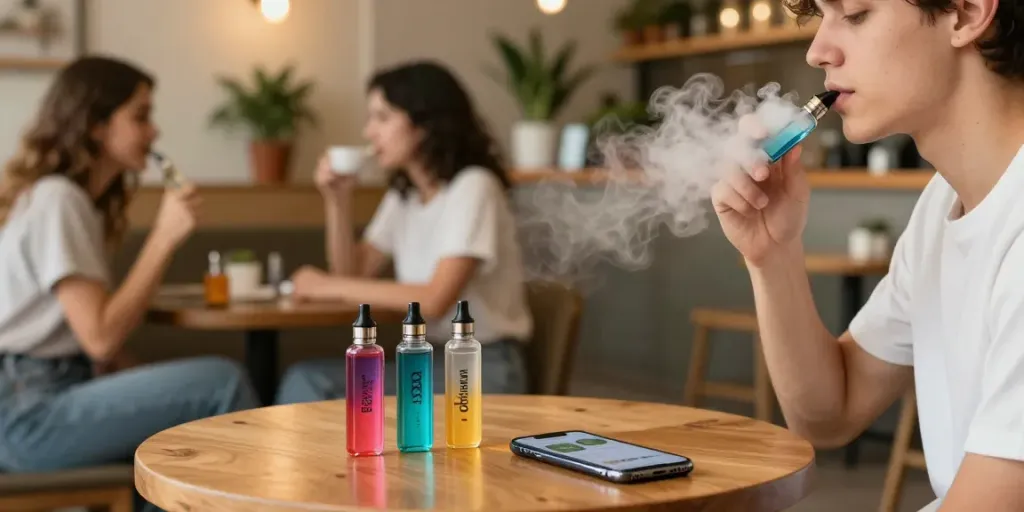 Genießen Sie das Erlebnis der Al Fakher Crown Bar 8000 Crystal V2 in einem einladenden Café.