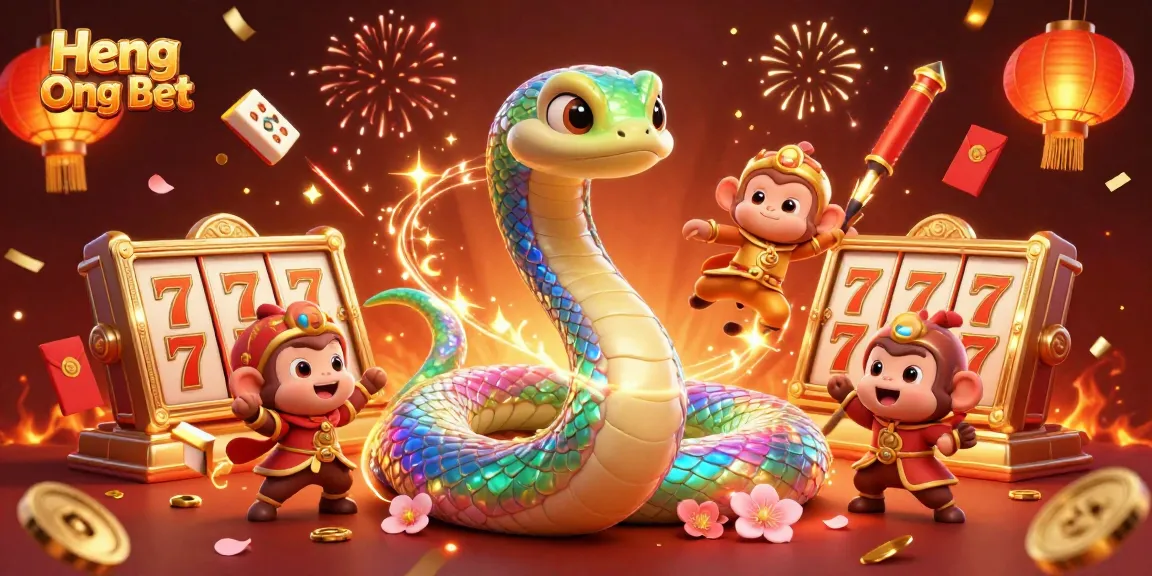 Experience the thrill of Heng Ong Bet with a vibrant 3D illustration featuring slot games and festive elements.