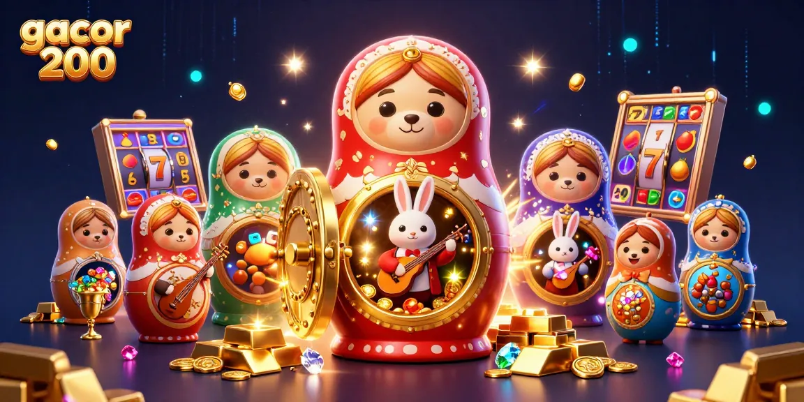 Experience gacor 200's lively atmosphere with casino-themed characters and treasures in this vibrant scene.