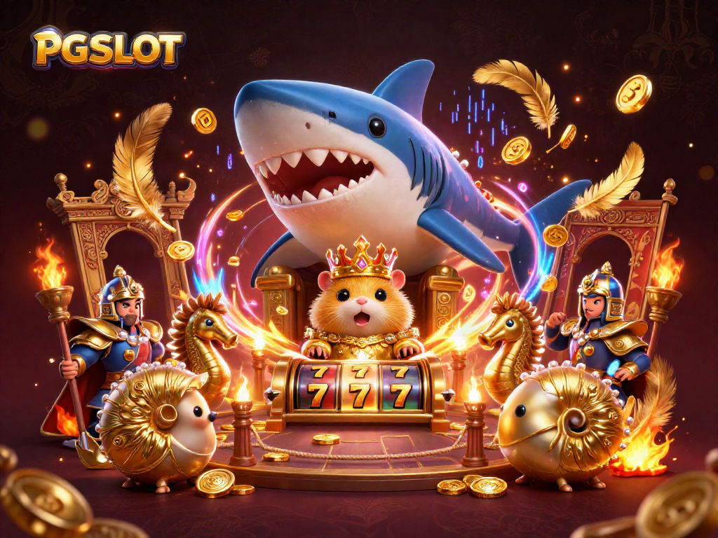 PG SLOT gaming scene with a hamster king and slot reels bursting with vibrant energy.