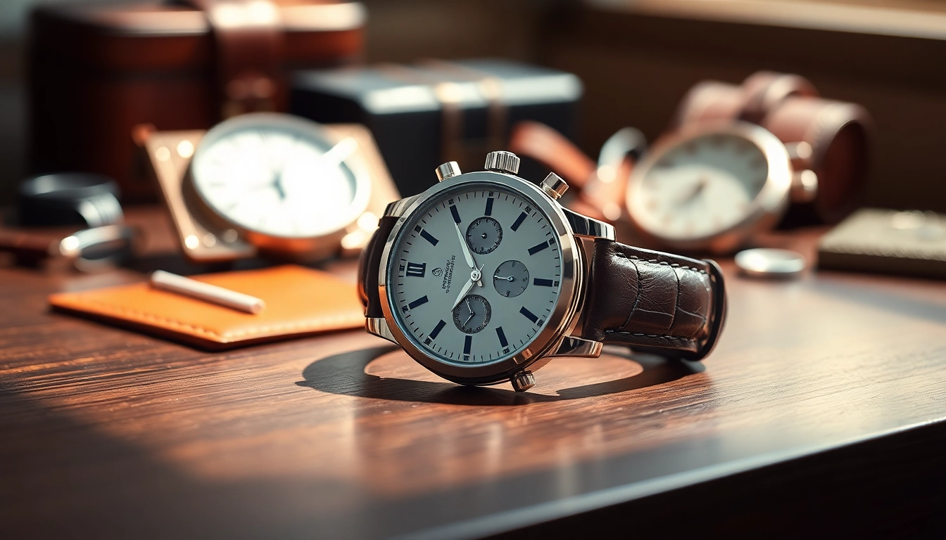Examine a luxurious replica watch with intricate features on a dark wooden table.