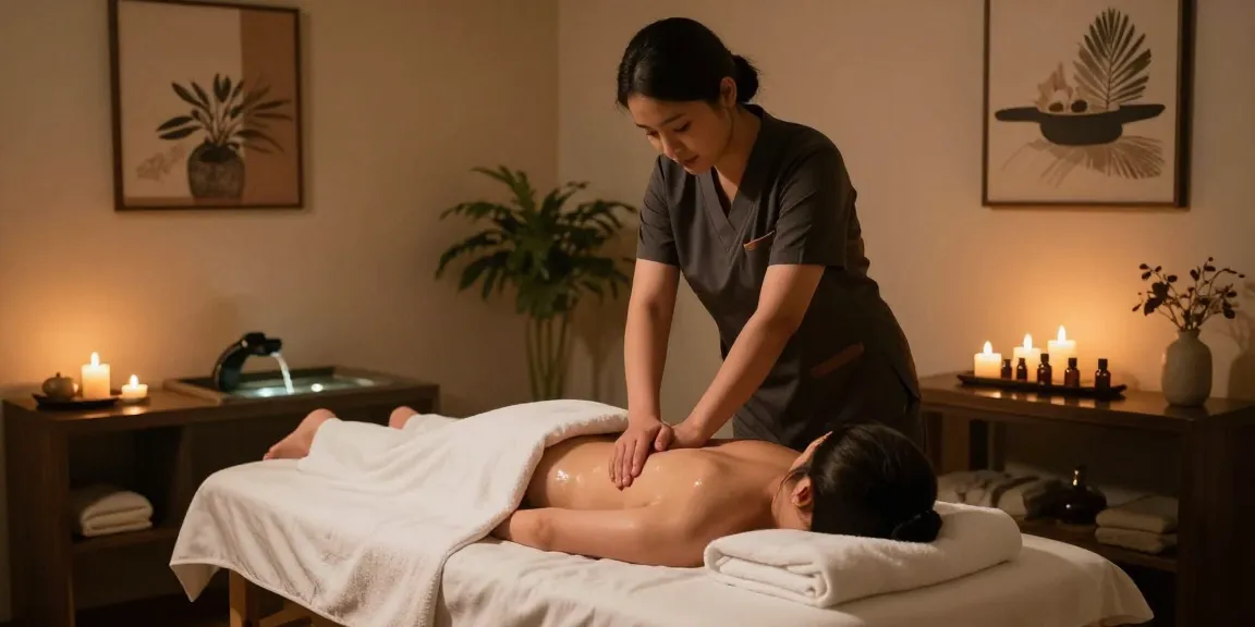 1인샵 massage therapy session in a tranquil setting with candles and essential oils.
