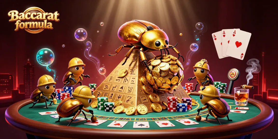 Baccarat formula illustrated with a massive golden beetle amidst casino elements, highlighting engaging casino gameplay.