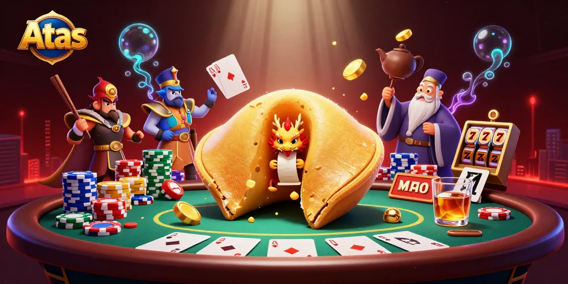 Engage with the Atas Casino scene featuring a golden fortune cookie and poker elements for an immersive experience.