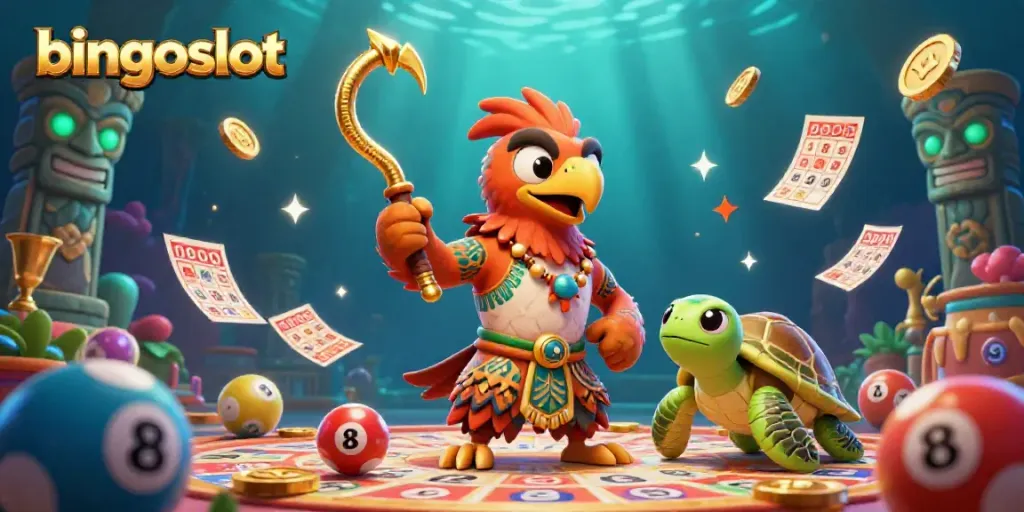 Permainan bingo bertenaga dengan bingoslot, menampilkan karakter elang dan kura-kura lucu