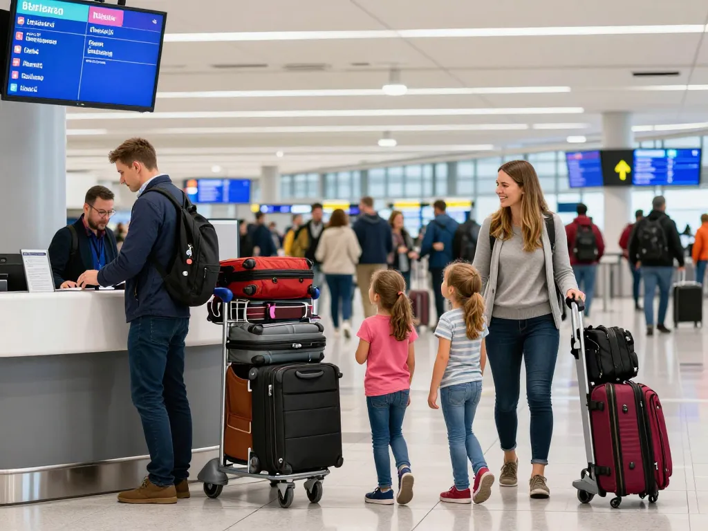 Leeds Bradford Airport from Halifax scene with a family checking in and luggage trolley, capturing travel excitement.