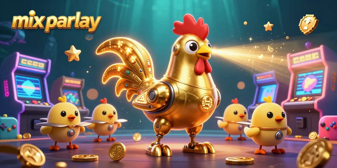 Mix parlay taruhan dalam ilustrasi 3D dengan robot ayam emas dan mesin permainan kasino