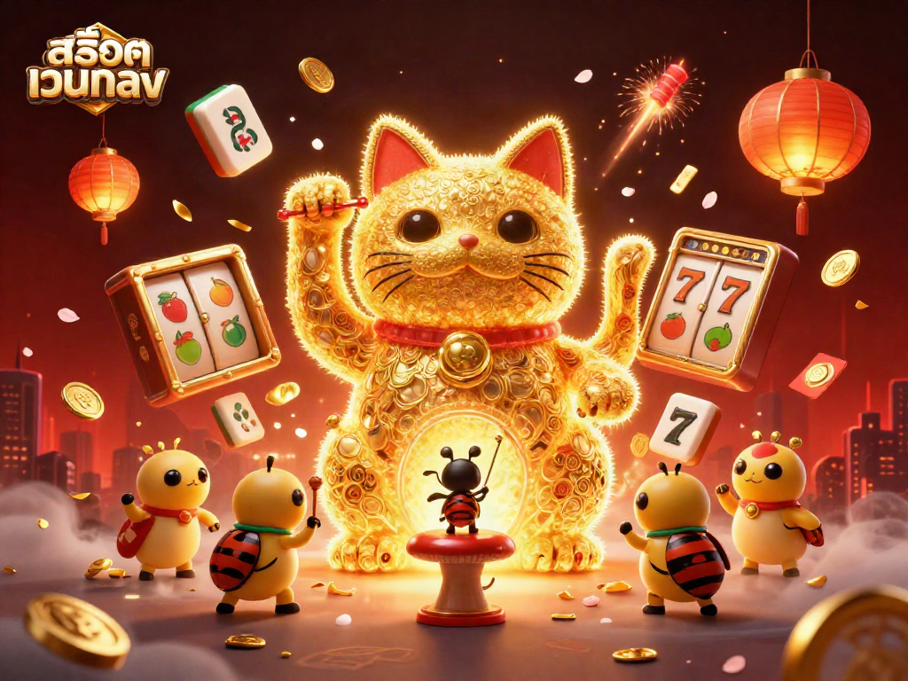 Engage with สล็อตเว็บตรง through this lively 3D illustration featuring a lucky cat and casino symbols.