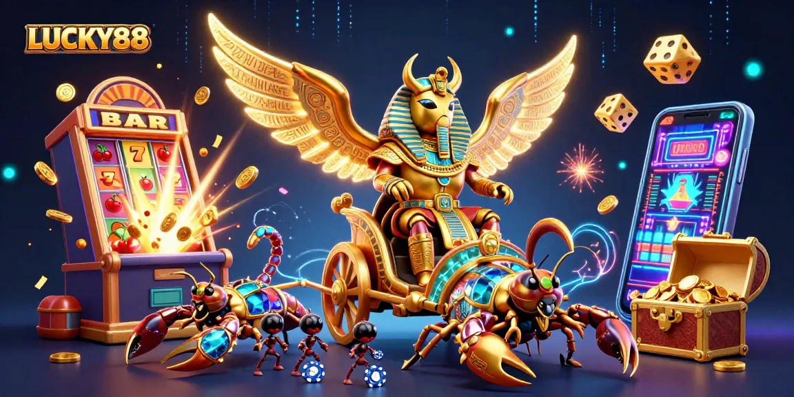 Experience excitement with LUCKY88 as a golden scarab beetle dominates a colorful casino scene.