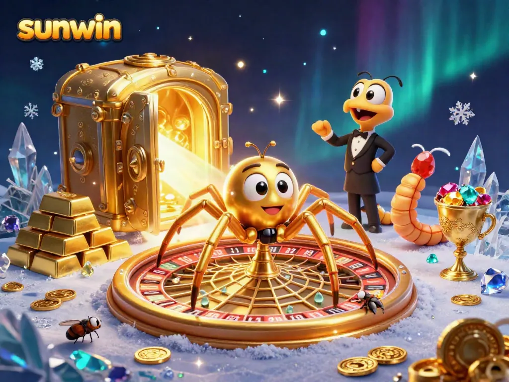 Engage with sunwin's thrilling gaming adventure as a spider spins a roulette wheel web.