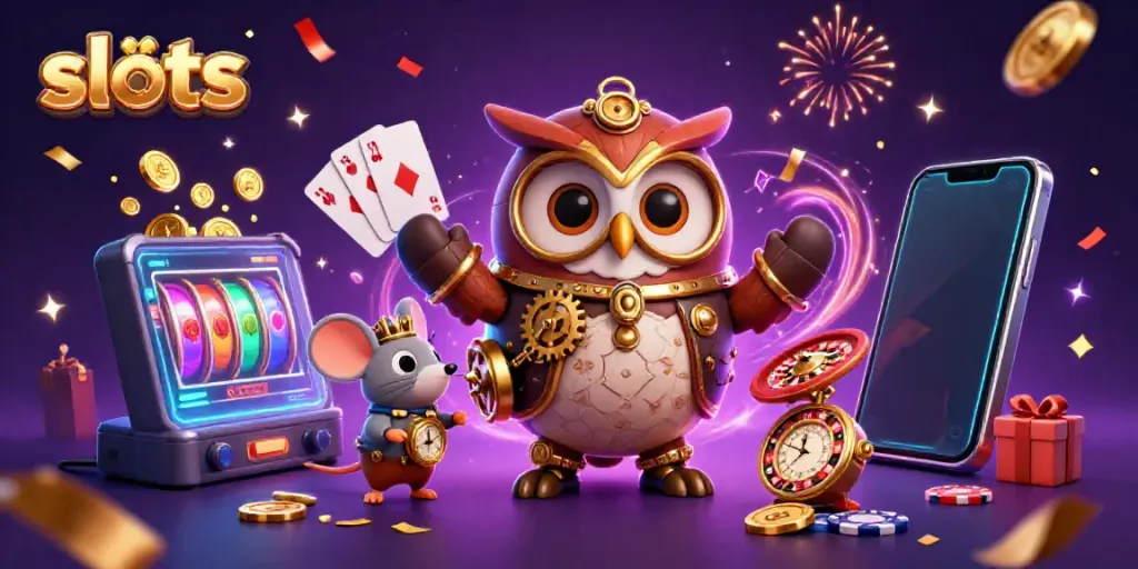 Experience thrilling slots with a 3D cartoon owl and casino elements bursting with excitement.
