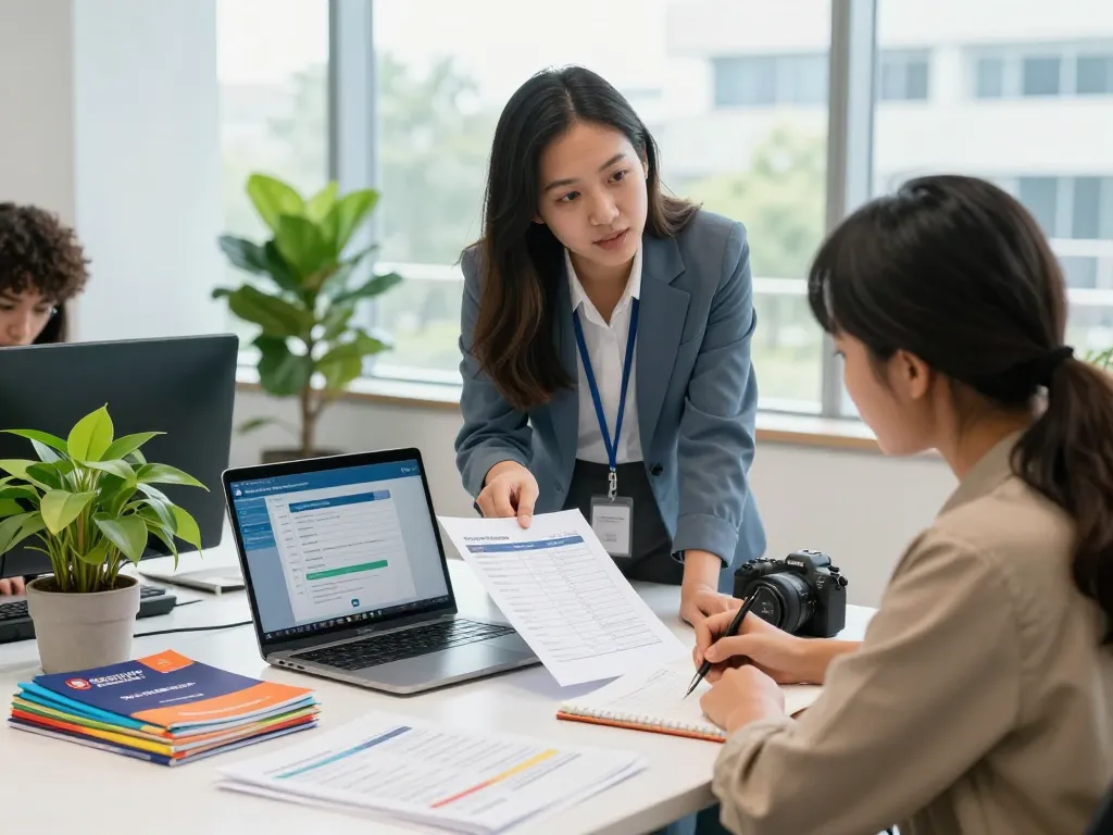 Academic advisor helping a student with Transcript & Attestation Rules in a bright university office.