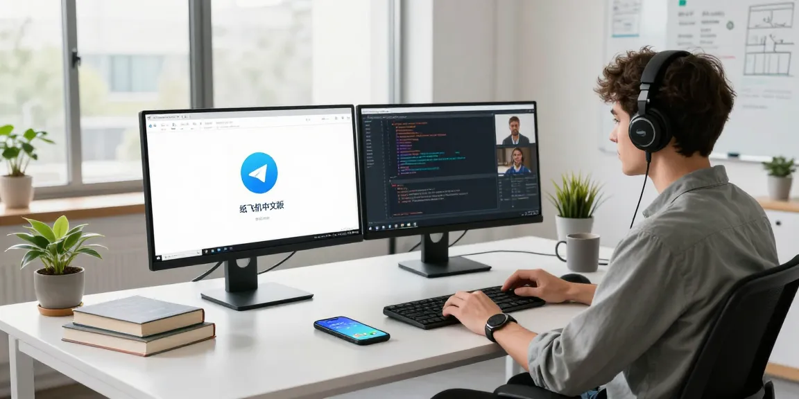 Young professional working on the 纸飞机中文版 app in a modern tech workspace.