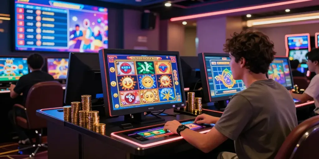 Experience slot gacor maxwin with a user interacting in a vibrant digital casino.