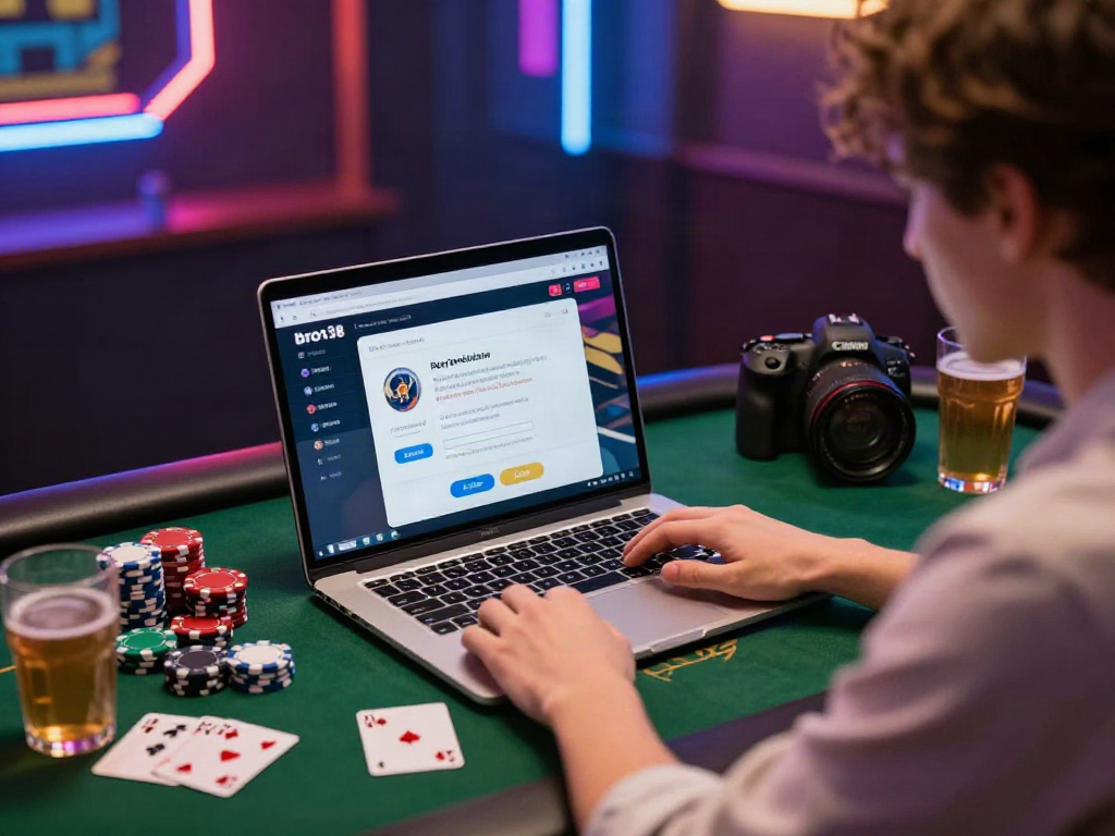 Engaged user exploring link alternatif bro138 in vibrant online gambling setup with cards and chips.