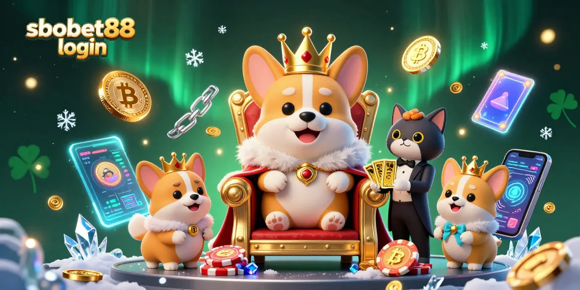 Experience thrilling sbobet88 login action with royal corgi and golden card deck in a vibrant casino scene
