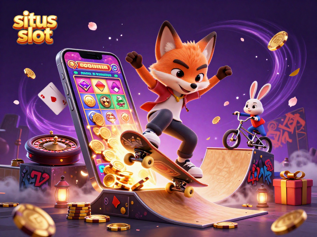 Situs slot illustration of a fox and rabbit skaters in a vibrant casino setting with slots and poker chips.