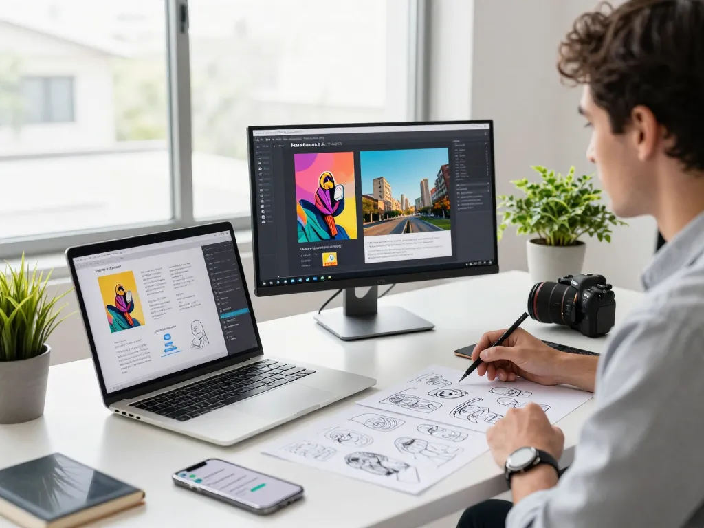 Professional using Nano Banana 2 AI image editor in modern workspace with dual monitors and creative sketches.