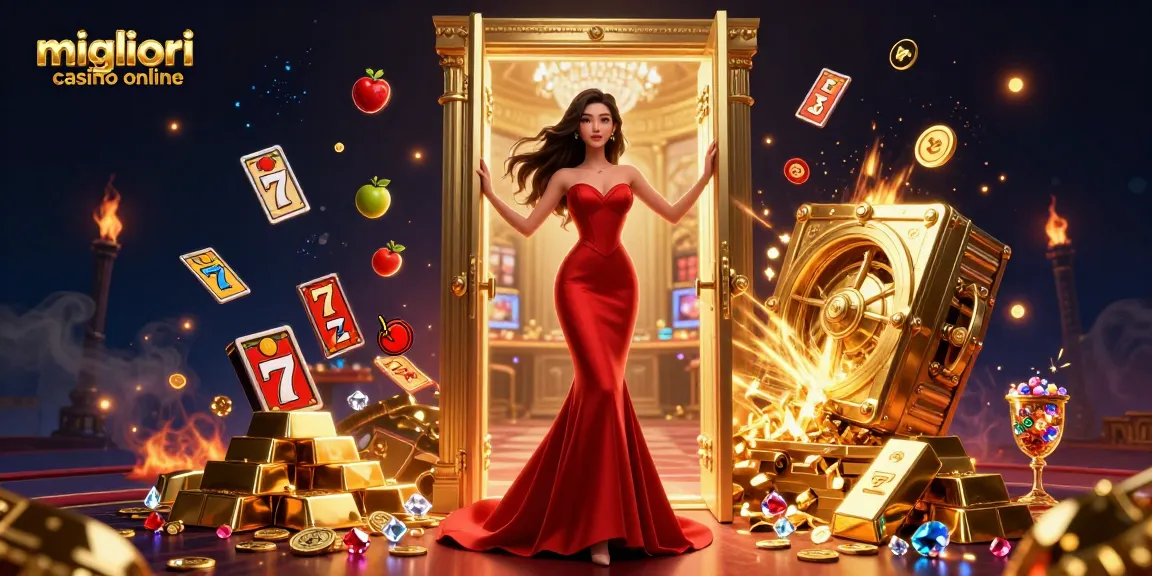 Migliori casinò online che mostrano una donna asiatica fotorealistica in una porta d'ingresso di un casinò VIP, circondata da elementi dinamici del casinò e tesori luminosi.