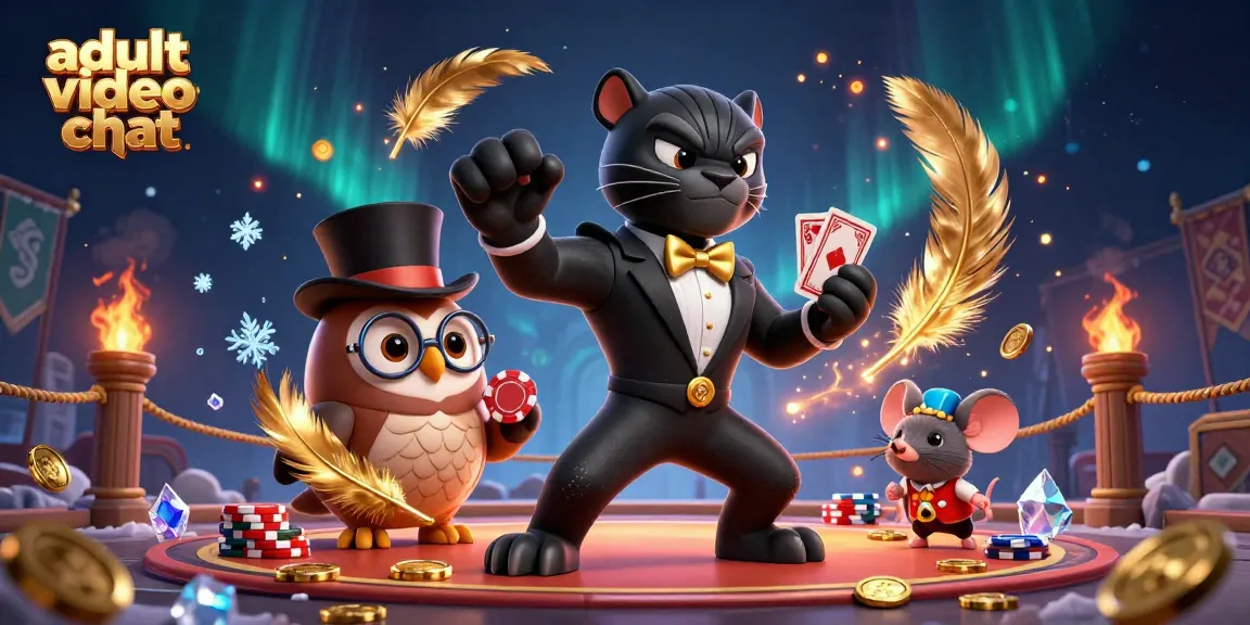 Engage in exciting adult video chat with dynamic casino elements and colorful characters.